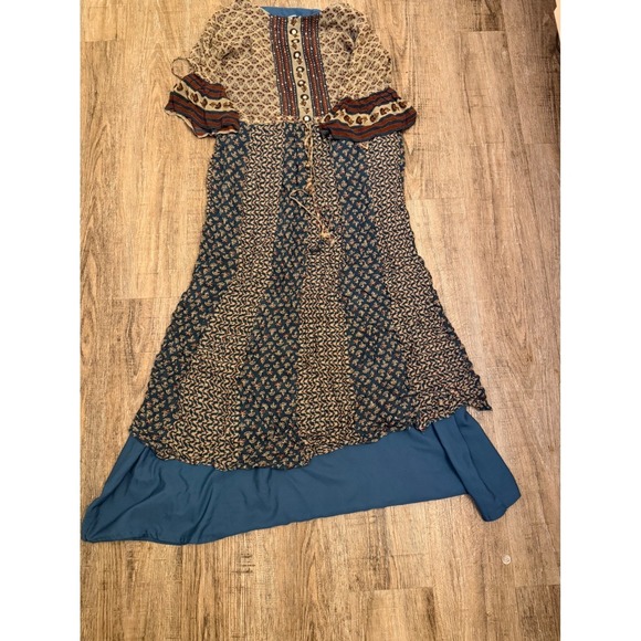 Taruni Boho Mixed Print Maxi Dress Size L Blue Floral Tiered Bell Sleeve Sequin - Picture 3 of 8